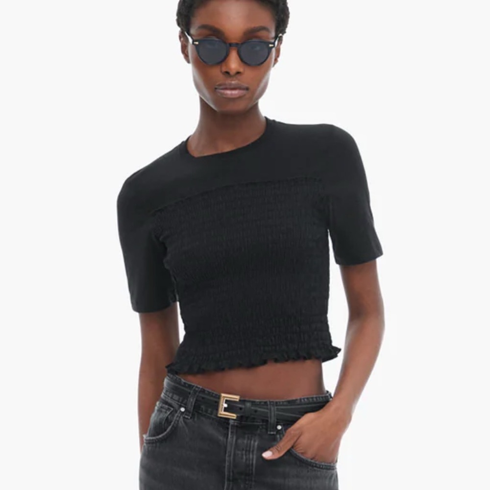 ATM MIXED MEDIA SHORT SLEEVE CREW NECK SMOCKED TOP